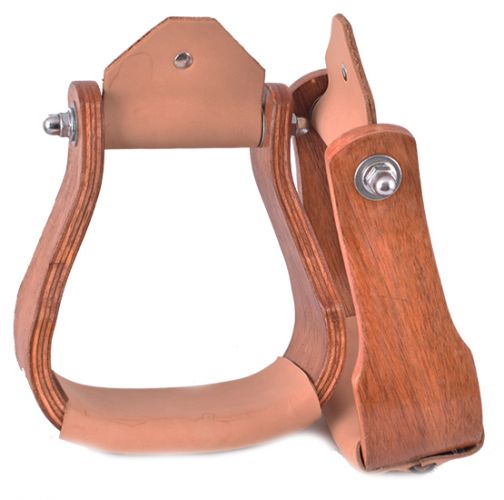 Showman Curved Teakwood wooden stirrups with Leather tread #2